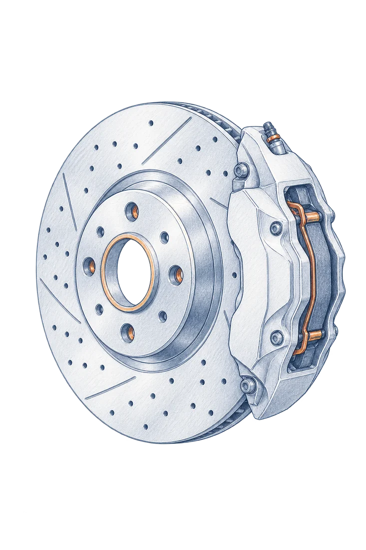 Blue hand-drawn brake disc and caliper illustration